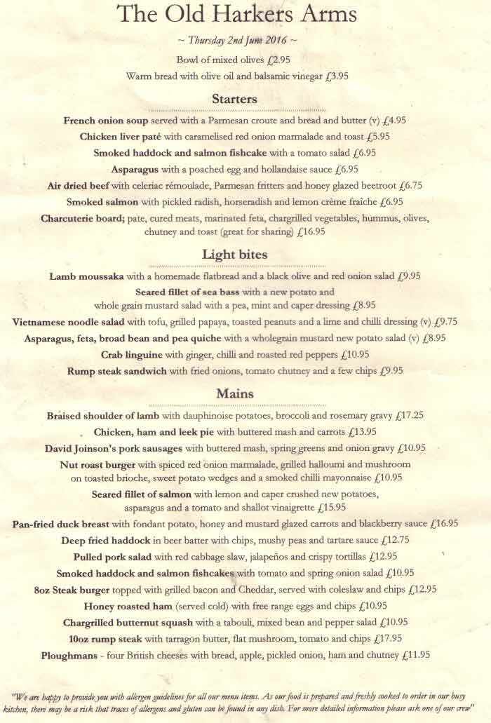 Chestertourist.com - Old Harkers Arms Food Menu 1